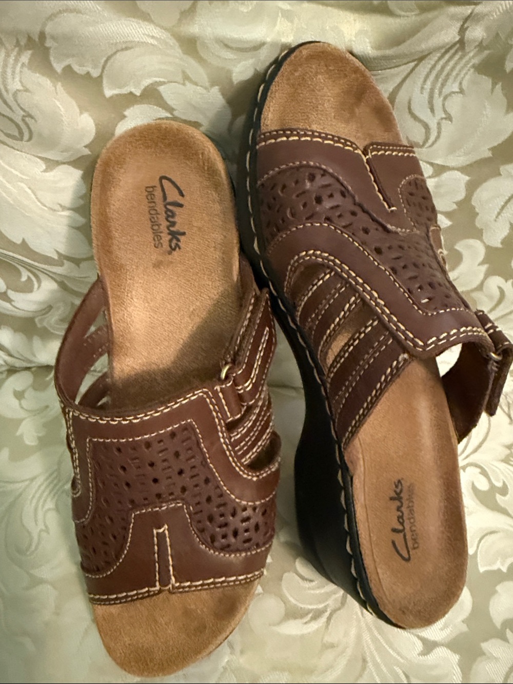 Clarks Brown Leather Perforated Slip-On Sandals forWomen